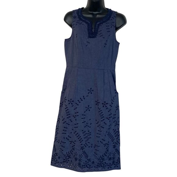 Maine New England Navy Blue Sleeveless Eyelet Lace Crochet Trim Midi Dress Sz 10 - Picture 2 of 14